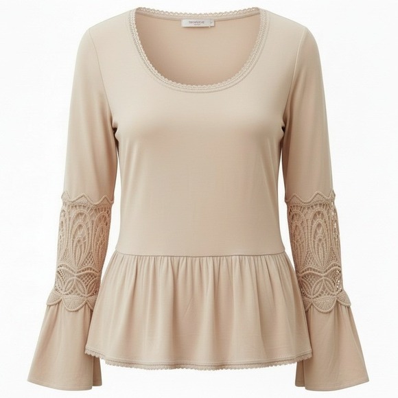 JOIE Peach Crochet Lace Sleeve Peplum Blouse Boho Top Size Small $220 - Picture 4 of 7